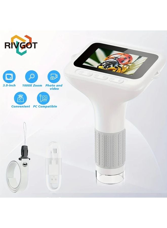 Rivgot White Handheld Digital Microscope For Kids 1000x Magnification With 3 Inch IPS HD Screen - Image 1
