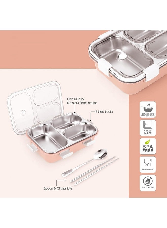 PRIME DEALS Lunch Box Sealed Leakage Proof Stainless Steel Lunch Box with Fork,Chopstick & Spoon Lid Office Food Container 3 Compartment for School Kids and Adults, 750ml (3 Compartment, Pink) - Image 2