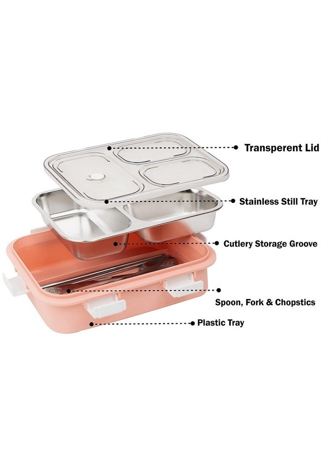 PRIME DEALS Lunch Box Sealed Leakage Proof Stainless Steel Lunch Box with Fork,Chopstick & Spoon Lid Office Food Container 3 Compartment for School Kids and Adults, 750ml (3 Compartment, Pink) - Image 3
