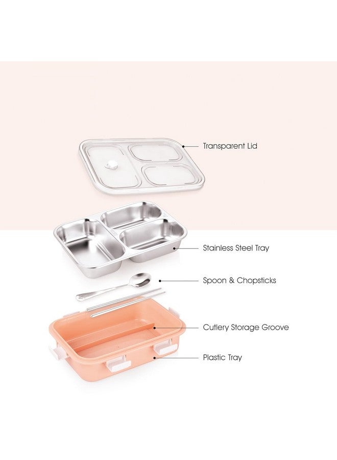 PRIME DEALS Lunch Box Sealed Leakage Proof Stainless Steel Lunch Box with Fork,Chopstick & Spoon Lid Office Food Container 3 Compartment for School Kids and Adults, 750ml (3 Compartment, Pink) - Image 5