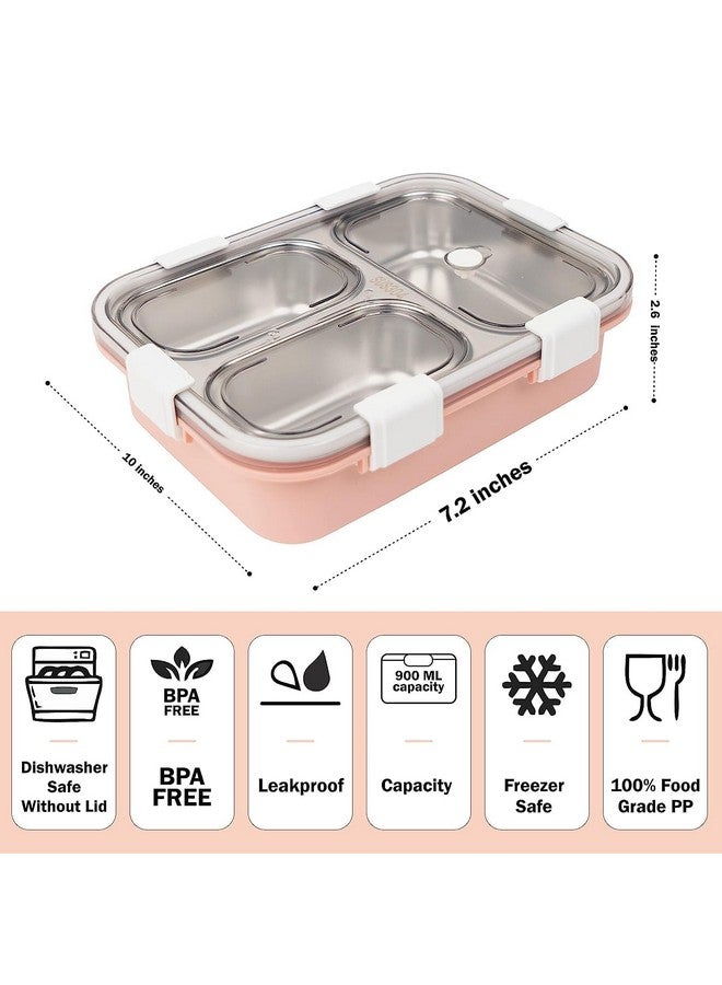PRIME DEALS Lunch Box Sealed Leakage Proof Stainless Steel Lunch Box with Fork,Chopstick & Spoon Lid Office Food Container 3 Compartment for School Kids and Adults, 750ml (3 Compartment, Pink) - Image 4