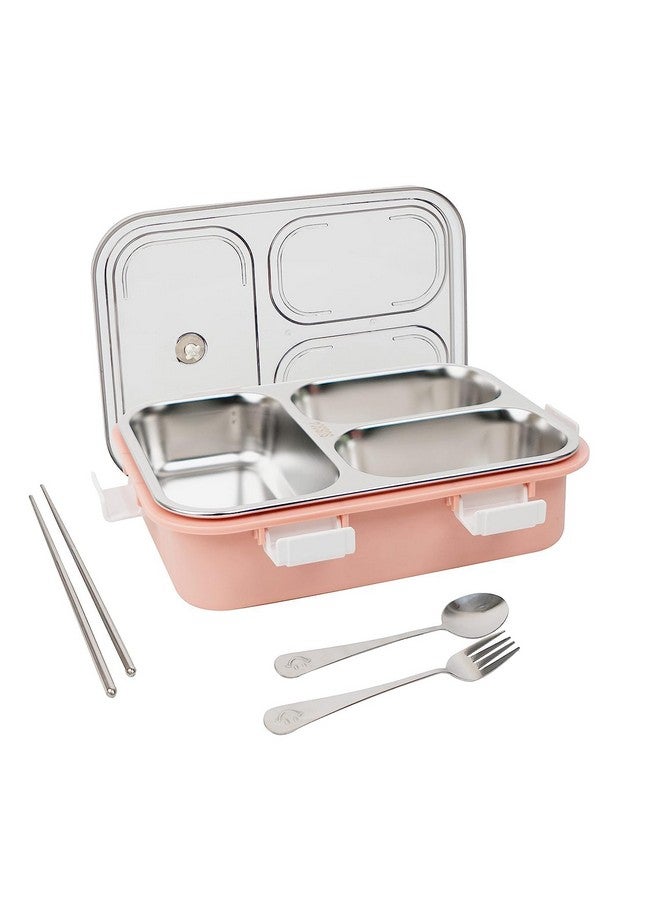 PRIME DEALS Lunch Box Sealed Leakage Proof Stainless Steel Lunch Box with Fork,Chopstick & Spoon Lid Office Food Container 3 Compartment for School Kids and Adults, 750ml (3 Compartment, Pink) - Image 1