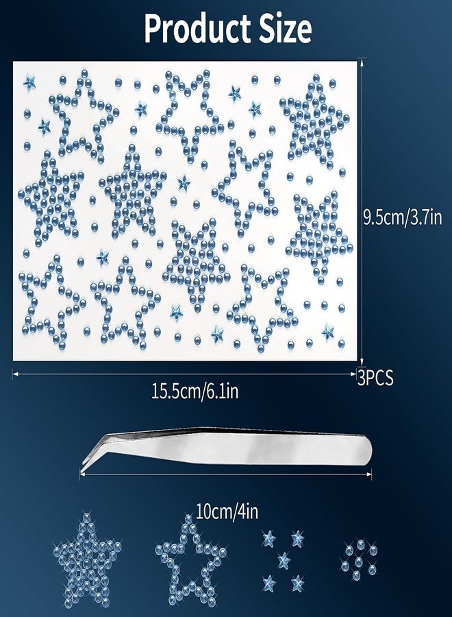 Jacnkb 3Sheets Star Gem Stickers Jewels for Crafts, Face Makeup - Self Adhesive Rhinestone Jewel Stickers, Stick on Gems Rhinestones for Crafts, Craft Supplies for Kids (11.Light Blue satr) - Image 2