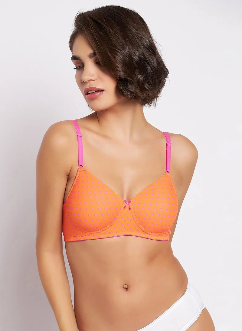 Clovia Clovia Padded Non-Wired Full Cup Polka Print T-Shirt Bra In Orange
