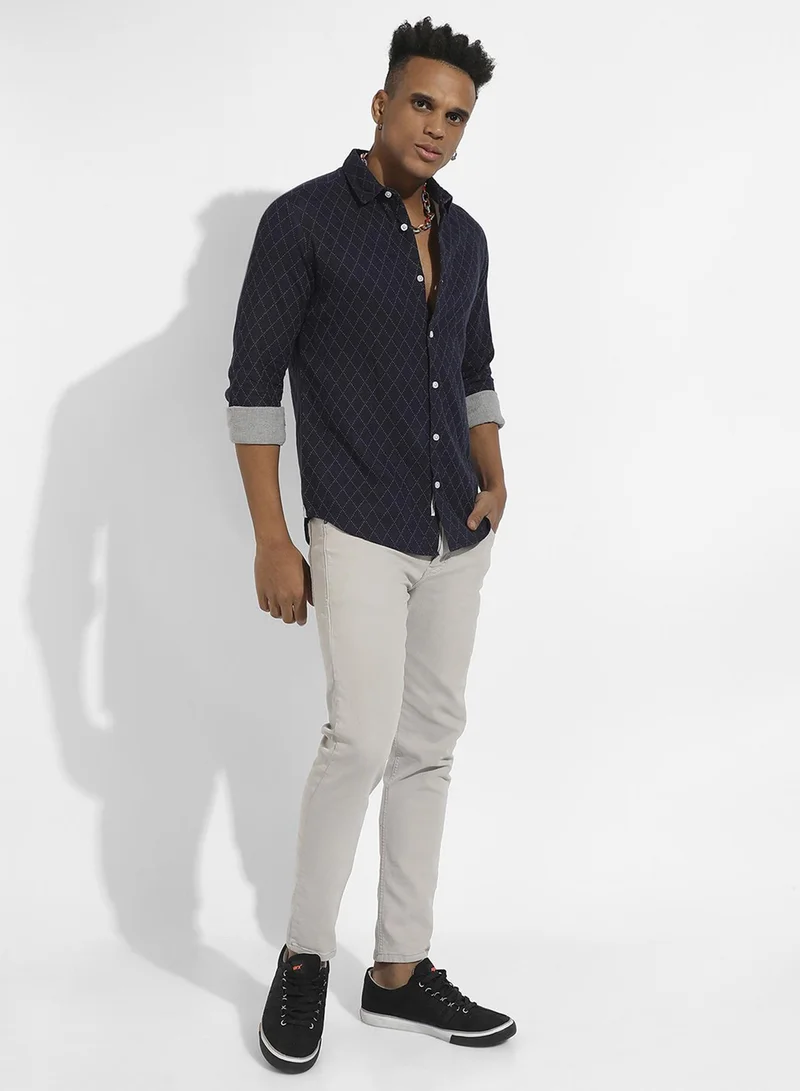 Campus Sutra Campus Sutra Men's Navy Blue Chalk Diamomd Shirt For Casual Wear | Spread Collar | Long Sleeve | Button Closure | Cotton Shirt Crafted With Comfort Fit For Everyday Wear