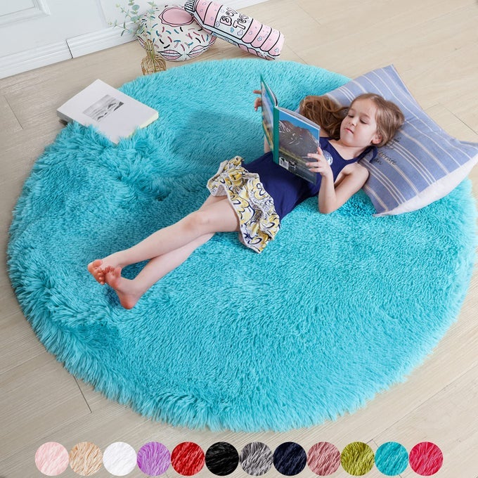 BLUE SOFT ROUND RUGS 4FT FOR KIDS BEDROOM WASHABLE FLUFFY CIRCLE AREA RUGS FOR TEEN GIRLS BOYS CUTE PLAY ROOM DECOR AESTHETIC PLUSH SHAGGY FUZZY CARPET FOR NURSERY CLASSROOM PREPPY DORM PLAYROOM