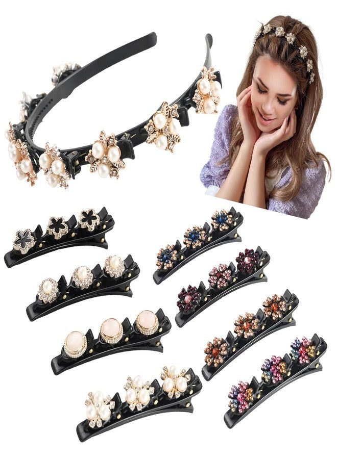 HLTOO 9PCS Rhinestone Braided Hair Clips, Sparkling Crystal Pearls Hair Barrettes, Pearl Headband with Clips, for Women and Girls Hair Styling Accessories - Image 1