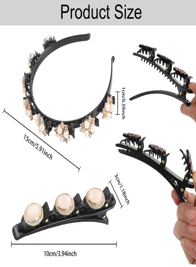 HLTOO 9PCS Rhinestone Braided Hair Clips, Sparkling Crystal Pearls Hair Barrettes, Pearl Headband with Clips, for Women and Girls Hair Styling Accessories - Image 2