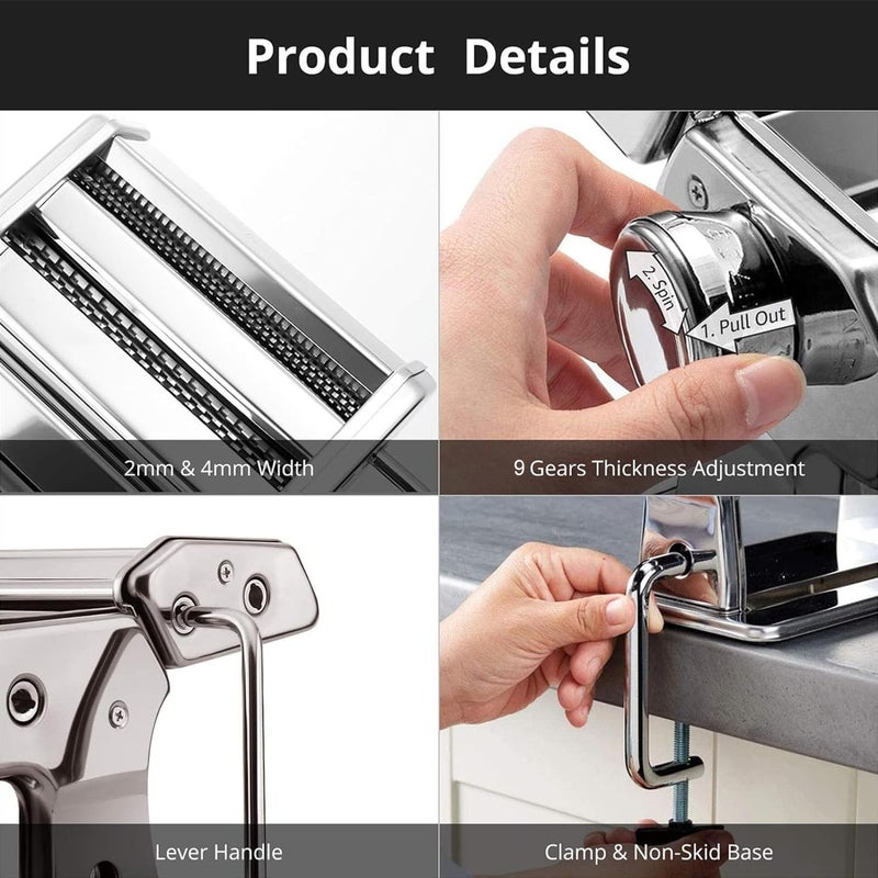 METLUCK Pasta Maker, Stainless Steel Pasta Machine Manual Roller Pasta Maker with 9 Thickness Settings for Spaghetti Linguine Fettuccine Lasagne, Includes Dough Cutter & Hand Crank - Image 3