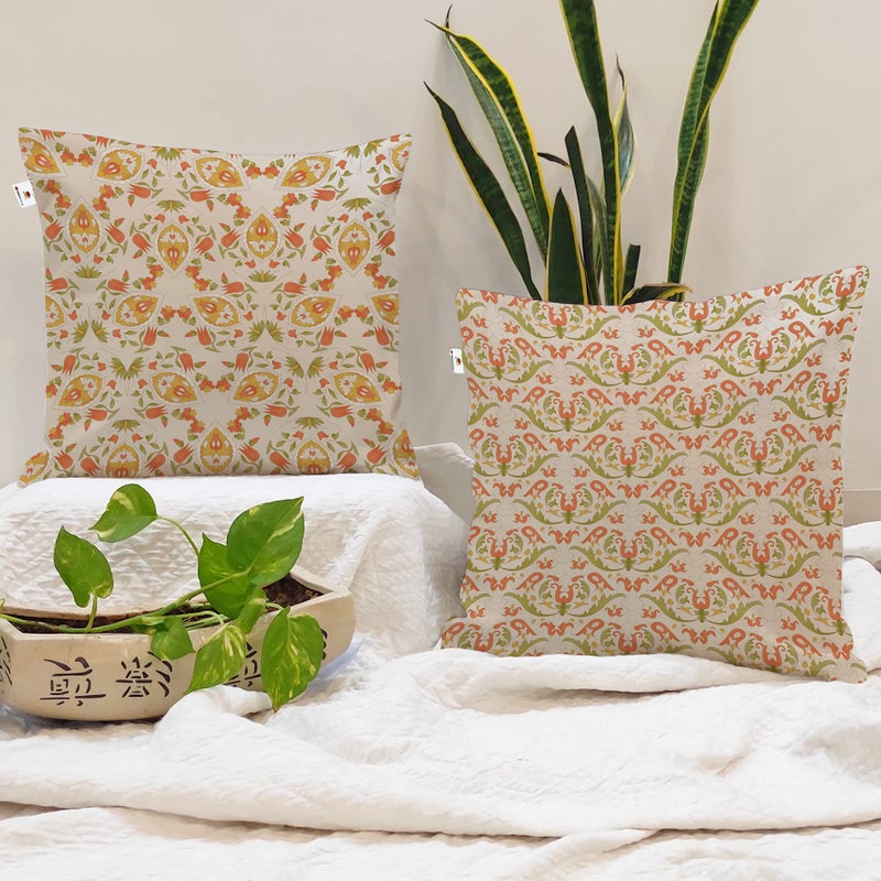 BRICK HOME Set of 2 Polycotton Printed Cushion Covers 24x24 Inches | Traditional Floral Pattern | Peach, Mustard & Olive Tones | Soft Fabric Decorative Pillow Covers for Sofa, Couch & Living Room - Image 5