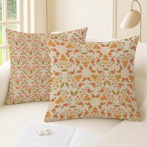 BRICK HOME Set of 2 Polycotton Printed Cushion Covers 24x24 Inches | Traditional Floral Pattern | Peach, Mustard & Olive Tones | Soft Fabric Decorative Pillow Covers for Sofa, Couch & Living Room - Image 2