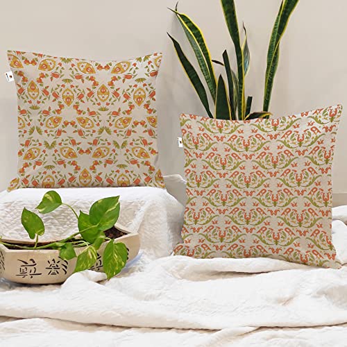 BRICK HOME Set of 2 Polycotton Printed Cushion Covers 24x24 Inches | Traditional Floral Pattern | Peach, Mustard & Olive Tones | Soft Fabric Decorative Pillow Covers for Sofa, Couch & Living Room - Image 1