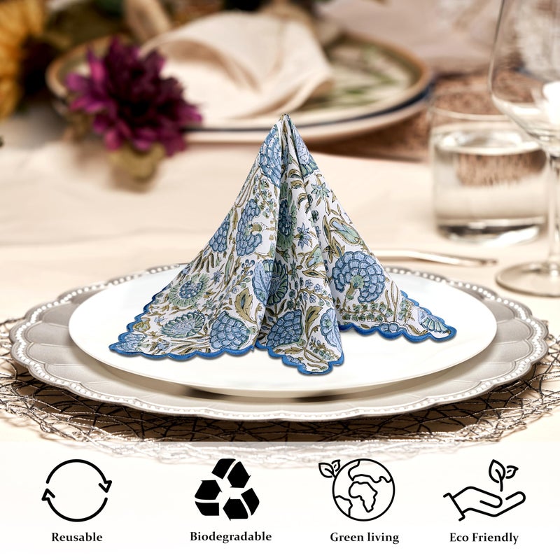 Ridhi Hand Block Print Asparagus Green 18" x 18" (Set of 4) Embroidery Table Napkins Reusable Cotton Dinner Napkins for Weddings, Parties, Everyday Dining Gift for Spring, Easter, Valentine - Image 3