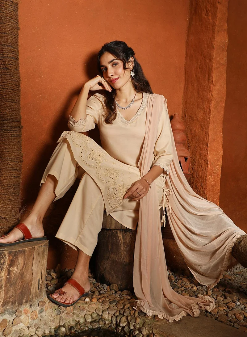 QISSA Women's Buff Beige Irani Kurta Set