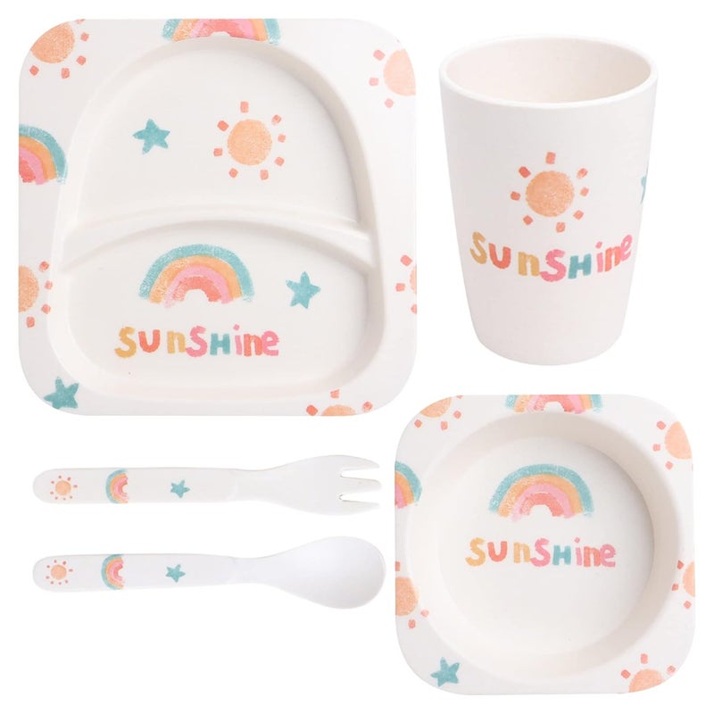 Polka Tots POLKA TOTS Eco Friendly Bamboo Fiber Dinner Set, 5 Pcs Tableware Crockery Set for Weaning Toddler & Self Feeding Baby Utensil Set for Baby Kids (Sunshine)  - Image 1