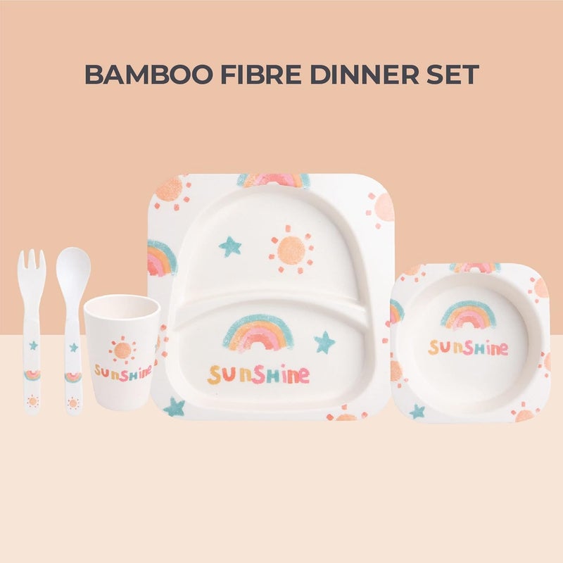 Polka Tots POLKA TOTS Eco Friendly Bamboo Fiber Dinner Set, 5 Pcs Tableware Crockery Set for Weaning Toddler & Self Feeding Baby Utensil Set for Baby Kids (Sunshine)  - Image 2
