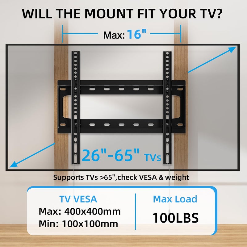 HOME VISION TV Wall Mount Fixed for Most 26-65 Inch Flat/Curved TVs with Max VESA 400X400mm up to 99Lbs Fits 16 Inch Wood Studs, Universal Low Profile Wall Mount TV Bracket, Space Saving HV8401 - Image 2