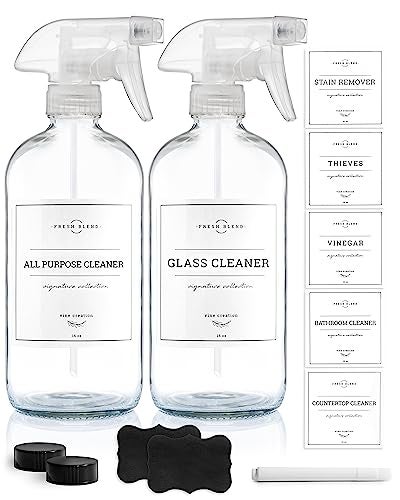 Vine Creations Glass Spray Bottles, 2 Pack Refillable Spray Bottles for Cleaning Solutions, Clear Spray Bottle for plants, Water Spray Bottle Sprayer, Glass Spray bottles 16 oz with Waterproof Labels - Image 1