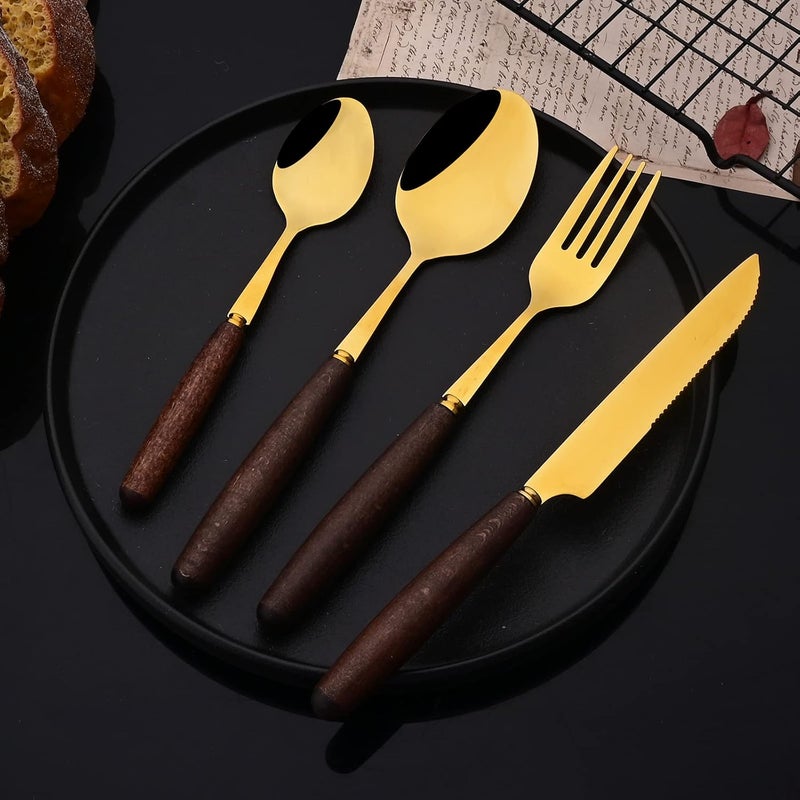 JASHII 24pcs Wood Silverware Cutlery Set Stainless Steel Flatware Kitchen Utensils Set Wooden Handle Goldplated Luxury Knife Fork Spoon Teaspoon Set Mirror Service for 6 - Image 2