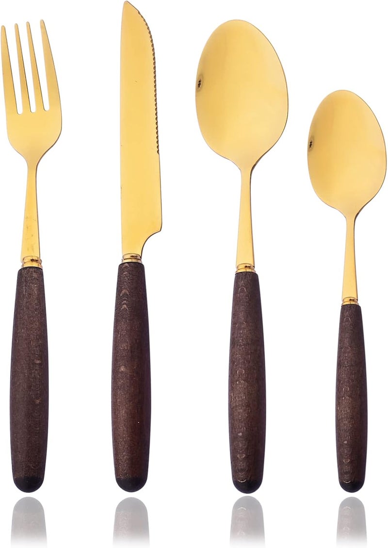 JASHII 24pcs Wood Silverware Cutlery Set Stainless Steel Flatware Kitchen Utensils Set Wooden Handle Goldplated Luxury Knife Fork Spoon Teaspoon Set Mirror Service for 6 - Image 1