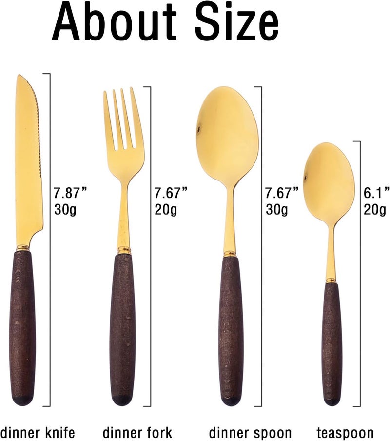 JASHII 24pcs Wood Silverware Cutlery Set Stainless Steel Flatware Kitchen Utensils Set Wooden Handle Goldplated Luxury Knife Fork Spoon Teaspoon Set Mirror Service for 6 - Image 3