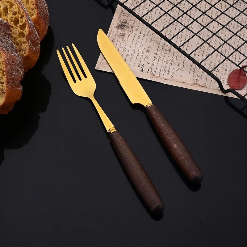 JASHII 24pcs Wood Silverware Cutlery Set Stainless Steel Flatware Kitchen Utensils Set Wooden Handle Goldplated Luxury Knife Fork Spoon Teaspoon Set Mirror Service for 6 - Image 5