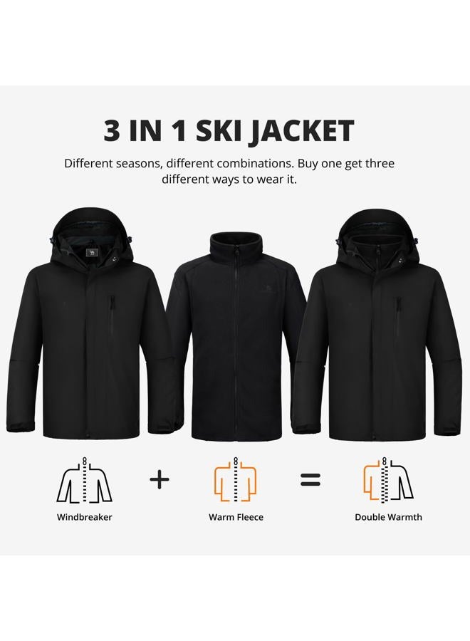 CAMEL CROWN Men's 3 in 1 Ski Snow Jacket Waterproof Winter Snow Coat Windproof Warm Fleece Lining Hiking Rain Jacket Hooded, Black, L - Image 3