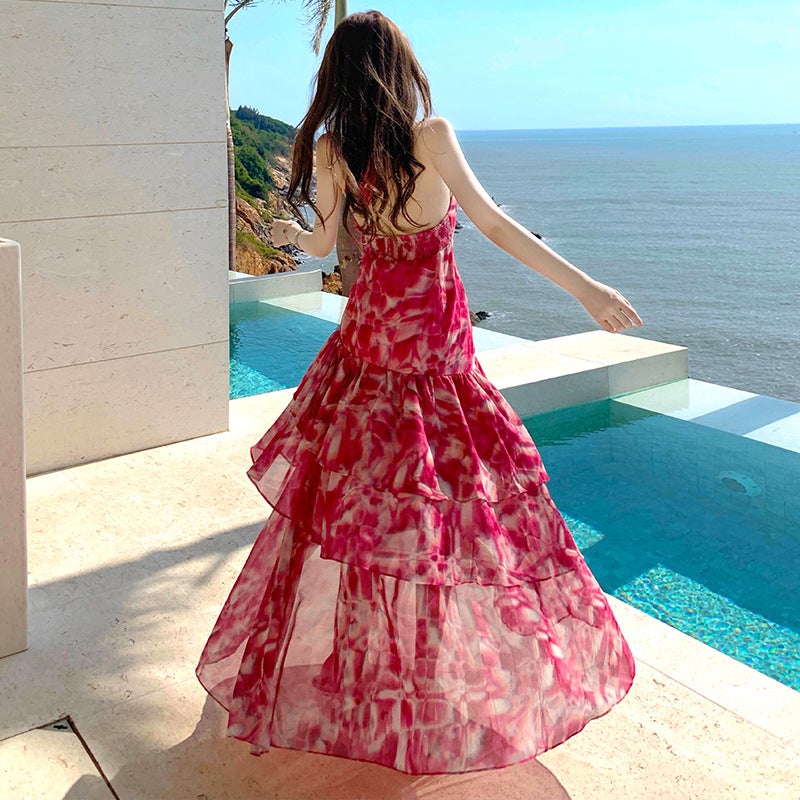 Women's Halter Neck Tie-Dye High Waist Long Maxi Beach Dress - Image 2
