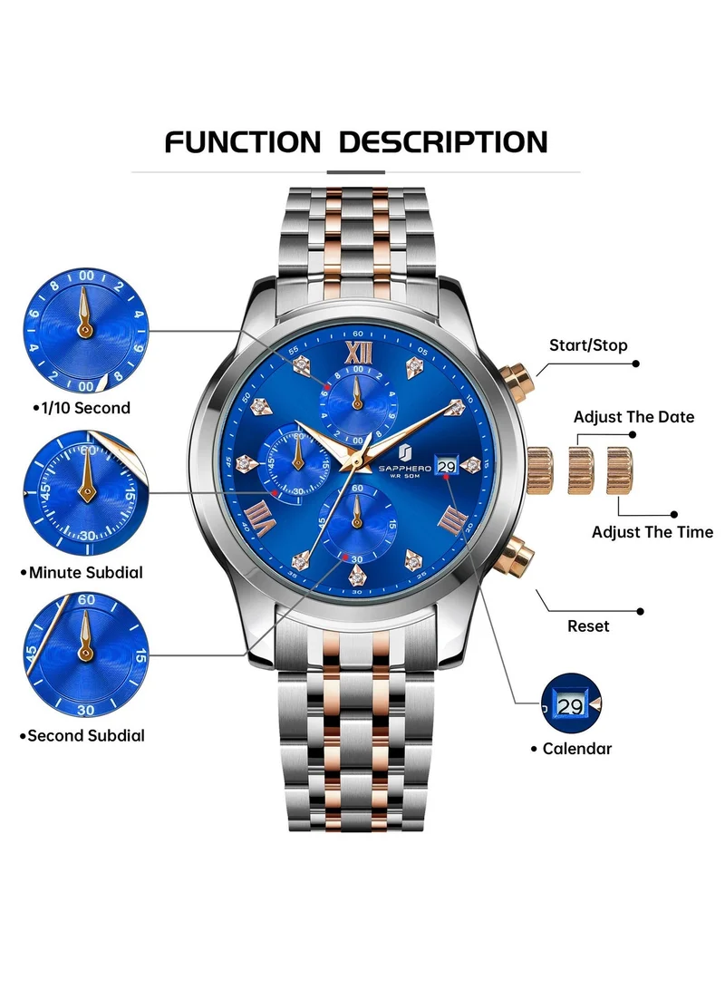 Sapphero SO2209 sliver gold SAPPHERO Men's Wrist Watches 50M Waterproof Analog Movement with Date Elegant Mens Gift for Men | Best Price UAE