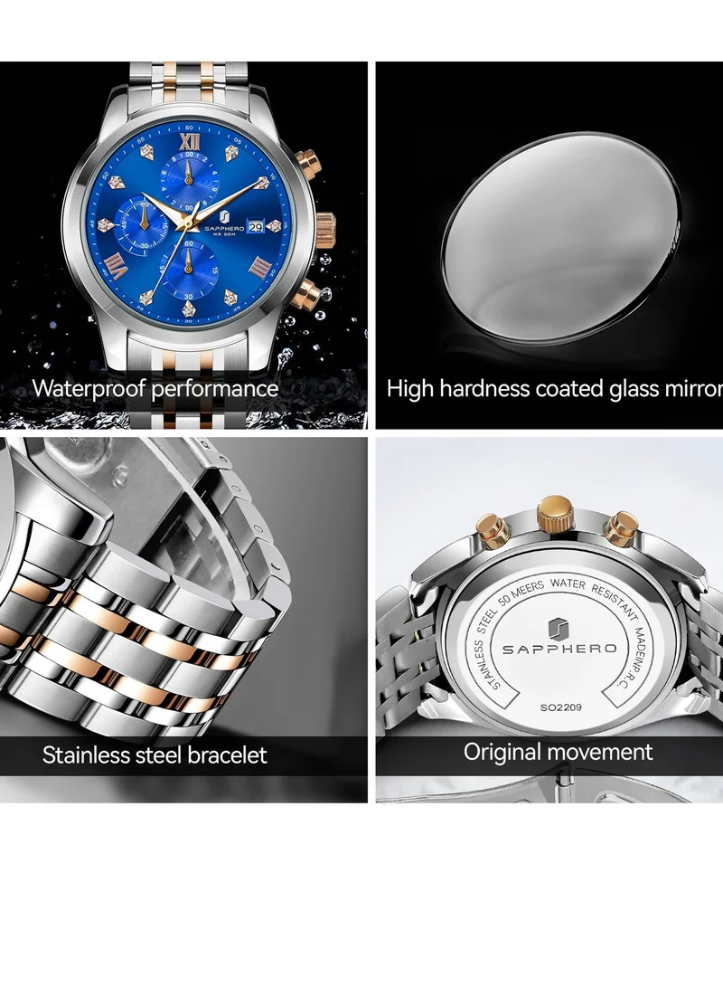 Sapphero SO2209 sliver gold SAPPHERO Men's Wrist Watches 50M Waterproof Analog Movement with Date Elegant Mens Gift for Men | Best Price UAE