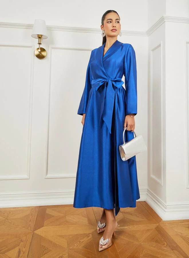 Styli Blue Tie-Up Waist Blazer Maxi Dress