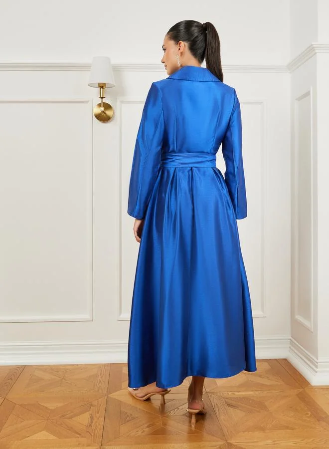 Styli  Blue Tie-Up Waist Blazer Maxi Dress for Women | Best Price UAE