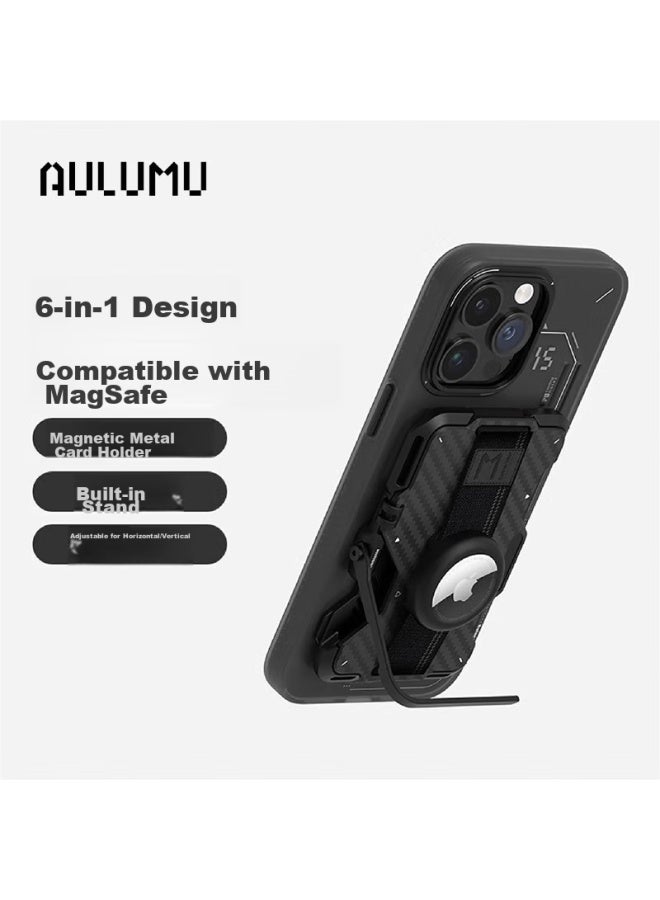 Aulumu G03 Carbon Fiber Multifunctional Magnetic Metal Card Holder, Mechanical Wind Invisible Multi-Angle Desktop Portable Creative Lazy Stand, Suitable For Apple Phones, Black