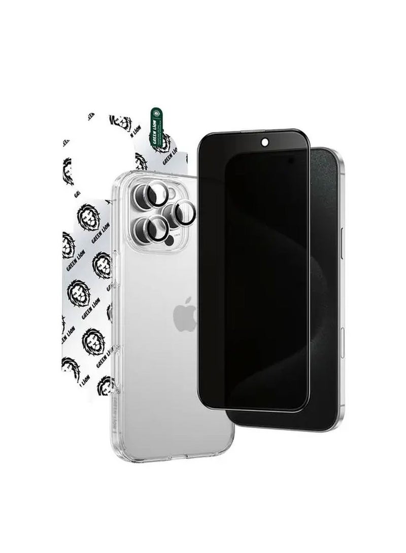GREEN LION iPhone 16 Pro 4 in 1 Defender Pack Privacy / 3D Soft Edge Privacy Glass Protection / Anti Shock Case / Camera Lens Film / HD Nano Back Film - Image 1