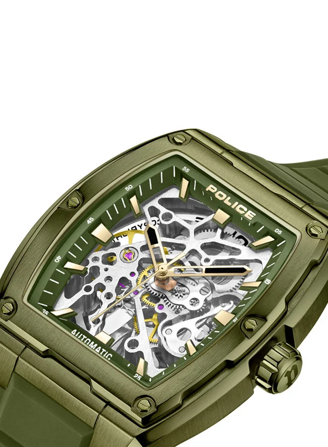 POLICE Skeletor 42mm Men's Automatic Watch with Olive Green Silicone Strap