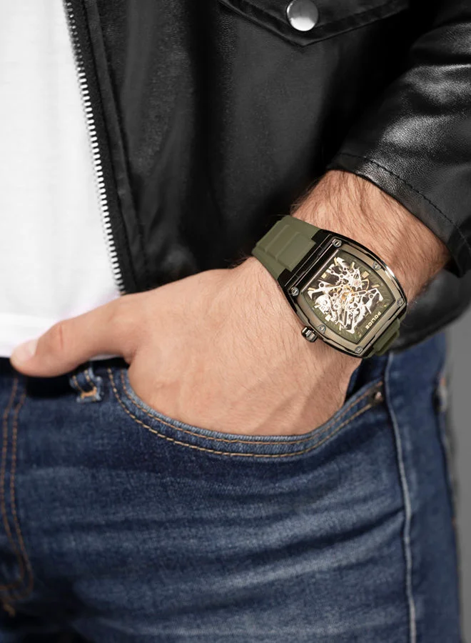 POLICE Skeletor 42mm Men's Automatic Watch with Olive Green Silicone Strap