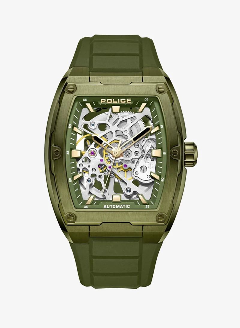 POLICE Skeletor 42mm Men's Automatic Watch with Olive Green Silicone Strap
