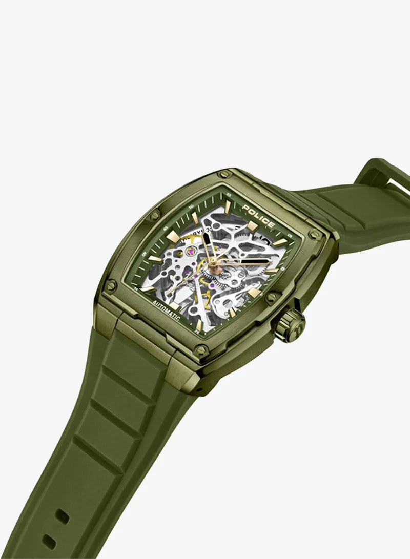 POLICE Skeletor 42mm Men's Automatic Watch with Olive Green Silicone Strap