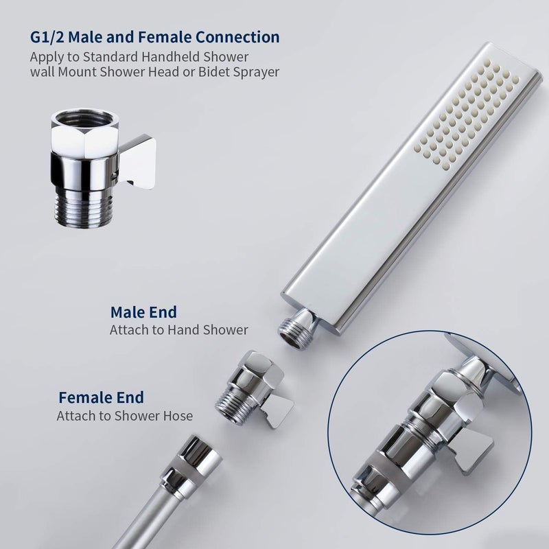 Tenfe Water Flow Control Valve for Shower Head, Brass Adjustable Water Pressure Regulator for Hand Held Shower Shut Off Valve, Polished Chrome On/off Switch G1/2 Standard Connection - Image 4