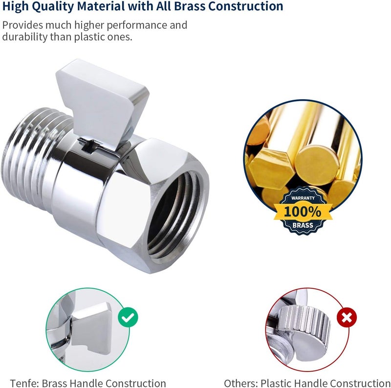 Tenfe Water Flow Control Valve for Shower Head, Brass Adjustable Water Pressure Regulator for Hand Held Shower Shut Off Valve, Polished Chrome On/off Switch G1/2 Standard Connection - Image 5