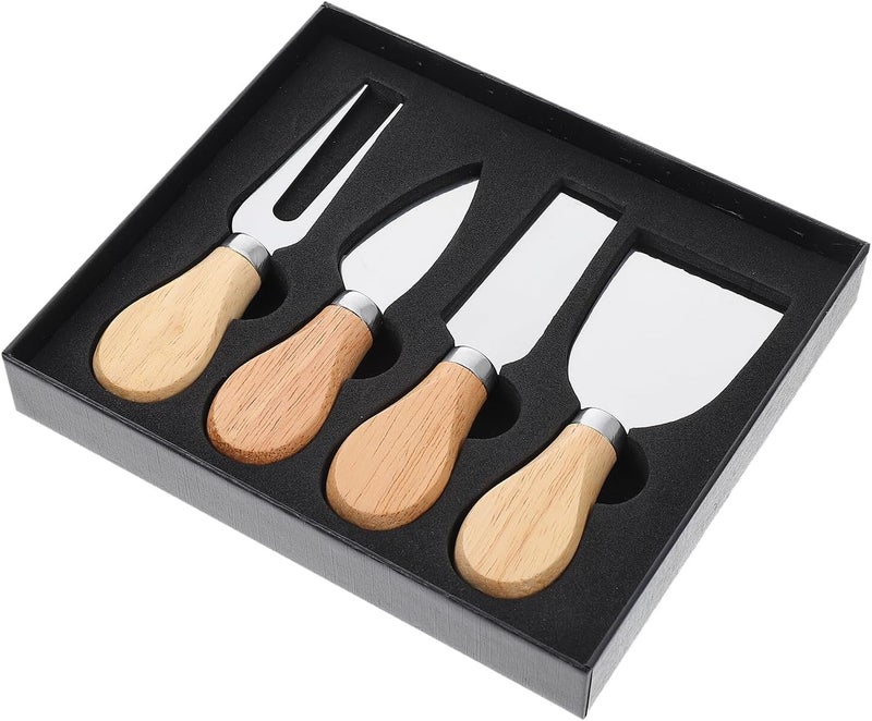 LABRIMP 4pcs Oak Handle Cheese Cutter Set Stainless Steel Kitchen Cheese Knives with Butter Slicer and Fruit Forks for Charcuterie Board and Dining Table - Image 1