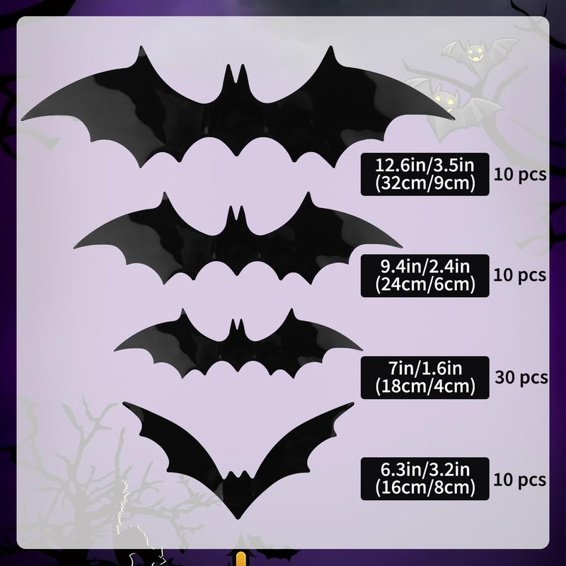 Yumatouch Ready order processing 60PCS Halloween Bats Decorations, Wall Decor Halloween Party Indoor Outdoor Party Supplies, Reusable PVC 3D Black Bats Stickers for DIY Home Window Door, 4 Sizes Bat Trendy varied sizing alternatives - Image 2
