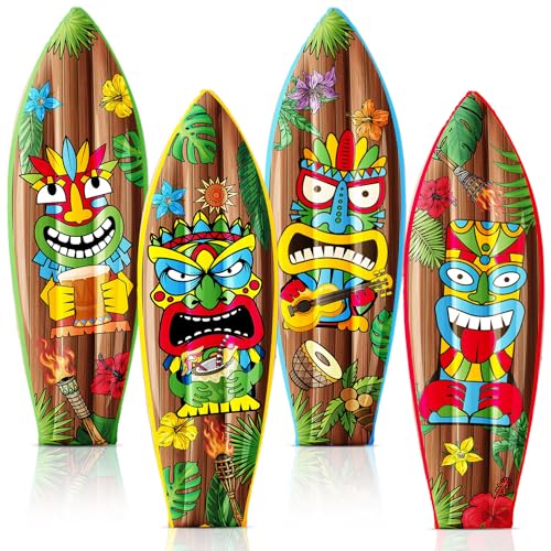 JellyArch 4 Pcs 36 Inch Tiki Inflatable Surf Board Tiki Party Decorations Blow up Surfboard Bar Decorations Inflatable Pool Floats for Hawaiian Luau Tropical Beach Party Supplies Outdoor Decor - Image 1