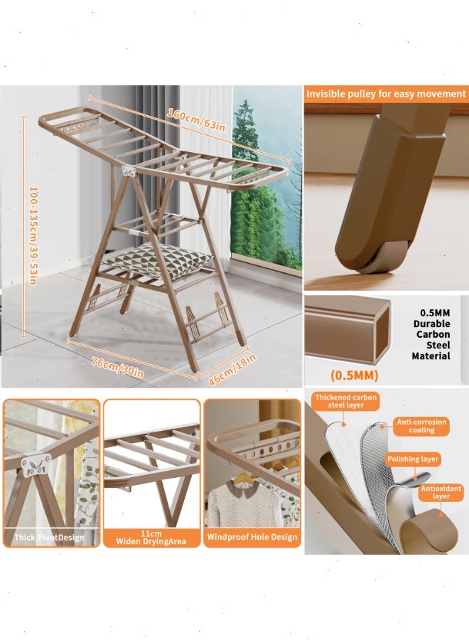 Topyich 160cm Clothes Drying Stand, 3-Tier Adjustable Clothes Drying Rack,  Foldable Movable Carbon Steel Drying Rack for Indoor & Outdoor Use (Champagne Gold) - Image 3