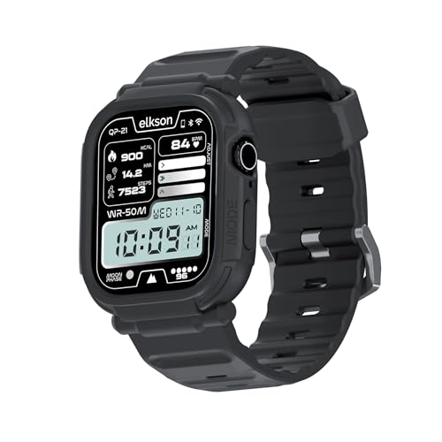 elkson 44mm/45mm Bands Case for Apple Watch Series SE3 9/8/7/6/5/4 SE, Rugged Heavy Duty Bumper Tactical Strap Quattro Pro for iWatch Men, Military Grade Durable Protective Shockproof Cover, Black - Image 1