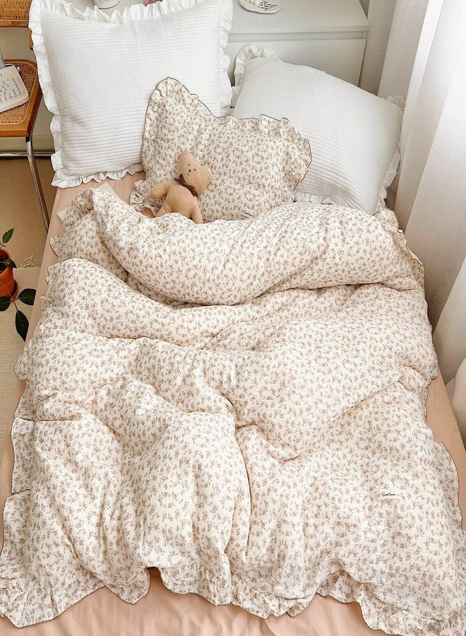 BuLuTu Soft Cotton Muslin Duvet Cover Girls Kids Floral Duvet Cover Beige Crib Bedding Comforter Cover Quilt Cover, 47"x59", Camellia Print (Pillowcases Not Included) - Image 1
