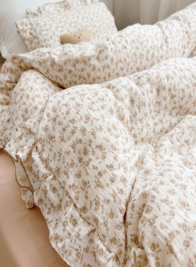 BuLuTu Soft Cotton Muslin Duvet Cover Girls Kids Floral Duvet Cover Beige Crib Bedding Comforter Cover Quilt Cover, 47"x59", Camellia Print (Pillowcases Not Included) - Image 3