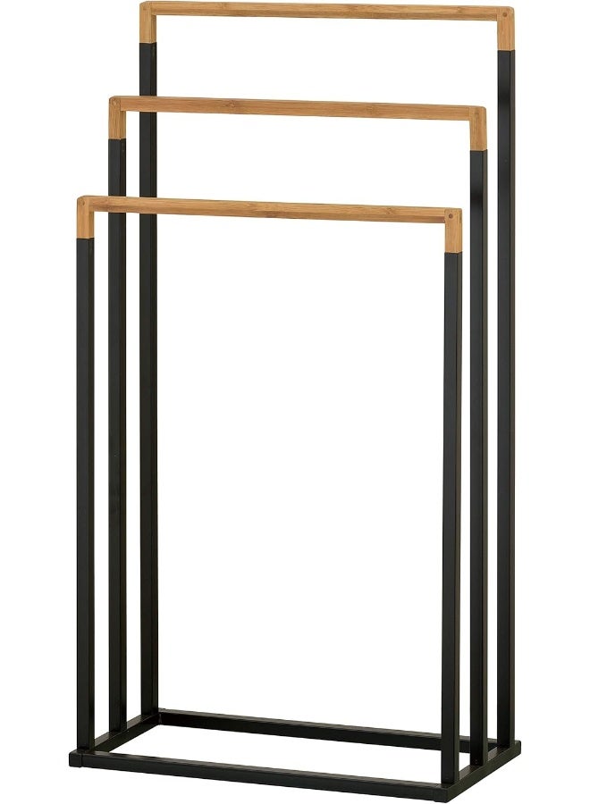 MyGift 33 Inch Black Chrome Plated Metal Freestanding Bathroom Towel Stand With 3 Tier Bamboo Wood Bar  - Image 4