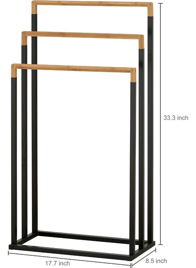 MyGift 33 Inch Black Chrome Plated Metal Freestanding Bathroom Towel Stand With 3 Tier Bamboo Wood Bar  - Image 1