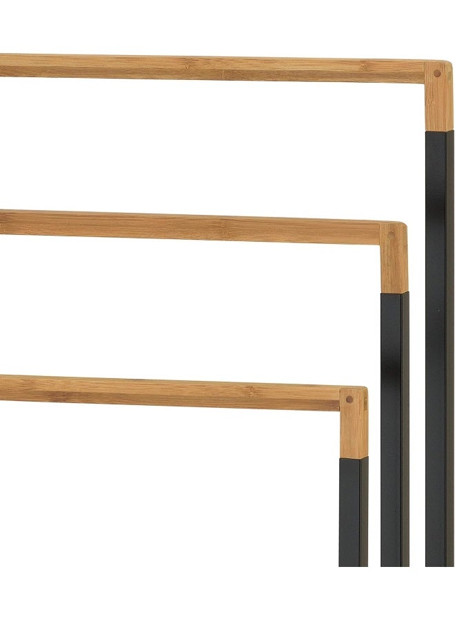MyGift 33 Inch Black Chrome Plated Metal Freestanding Bathroom Towel Stand With 3 Tier Bamboo Wood Bar  - Image 2